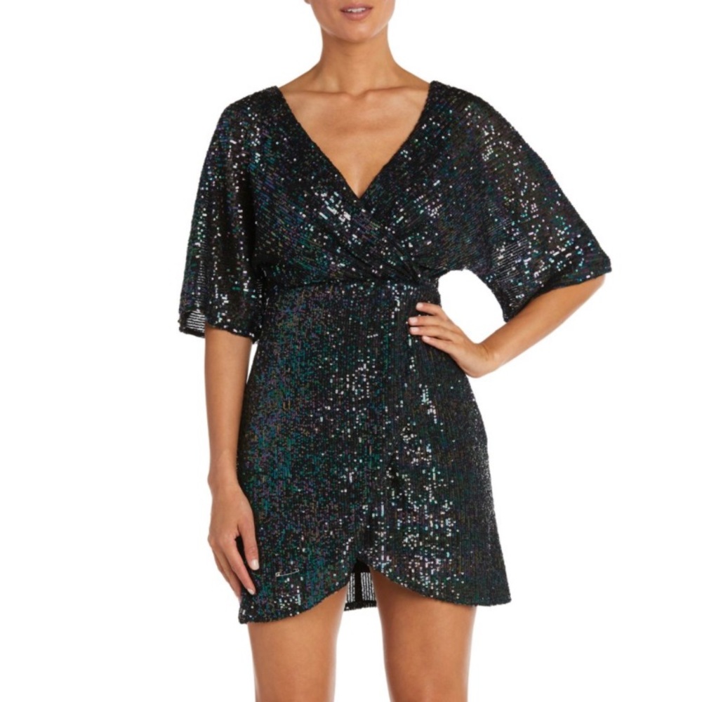MORGAN & CO Juniors Black Sequined Elbow Sleeve Surplice Neckline Mini Dress